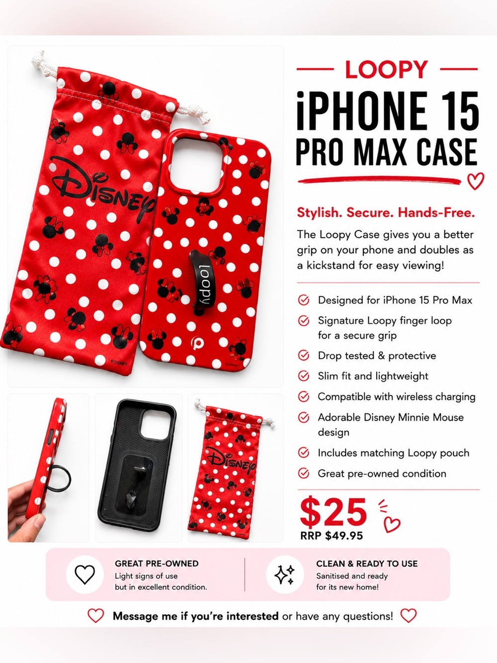Loopy Case Disney Red White Polka Dot Minnie Mouse Phone Case iPhone 15 Pro Max